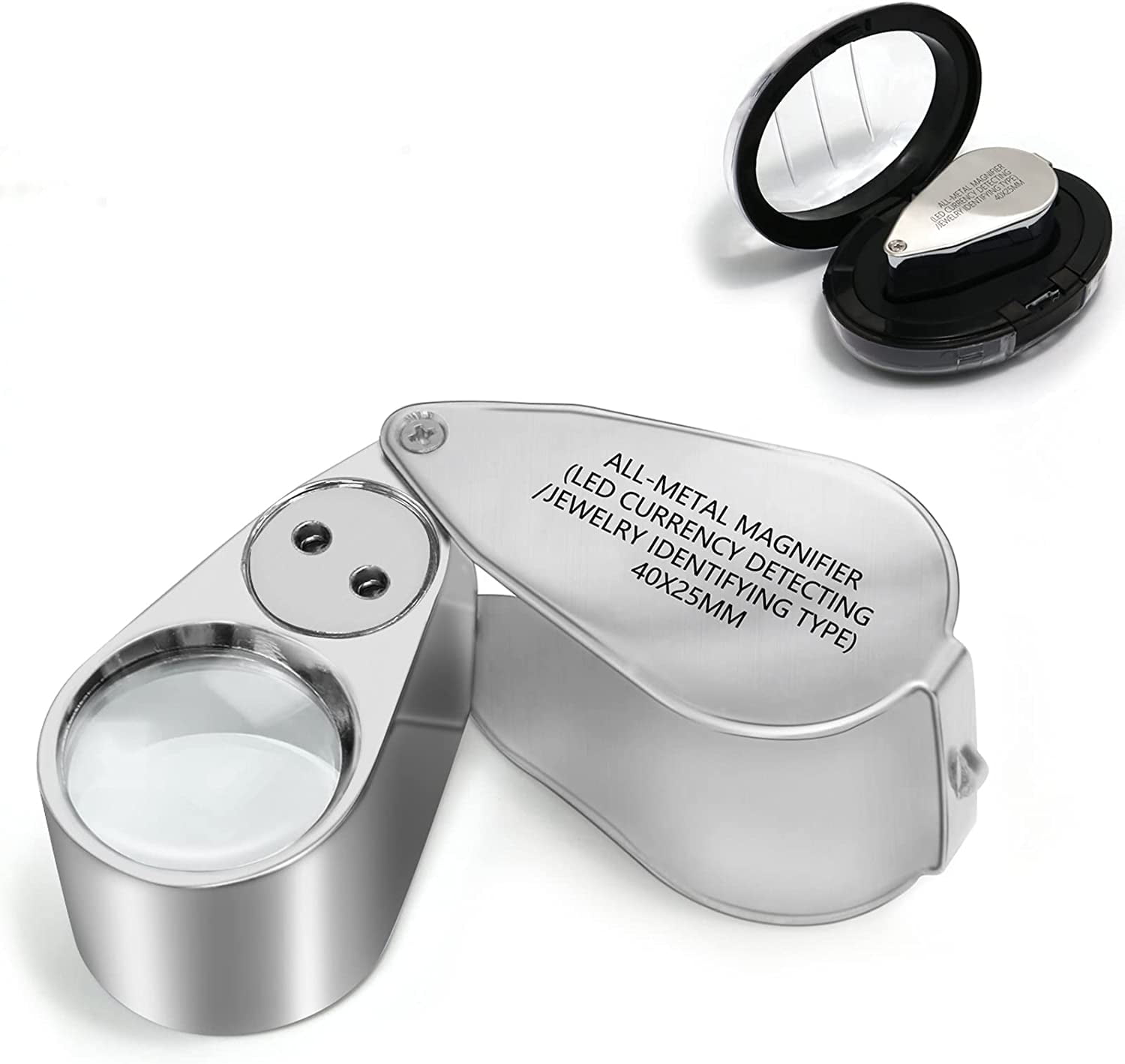 40x Illuminated Jeweler LED UV Lens Loupe Magnifier with Metal Construction and Optical Glass, with Kare and Kind Retail Package (40x x 25 mm, Silver)
