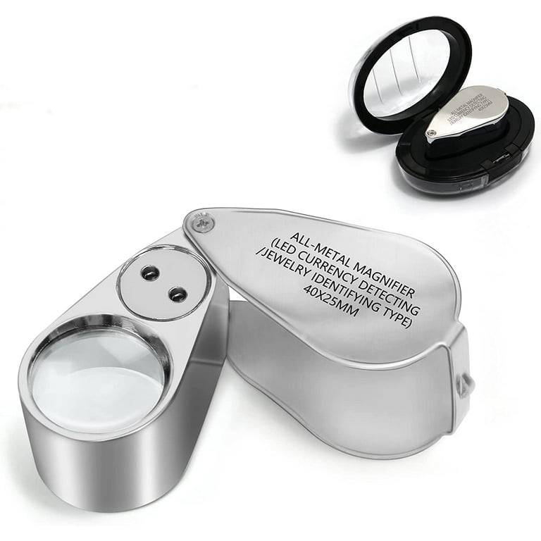 40X Full Metal Illuminated Jewelers Eye Loupe Magnifier, Small Pocket  Folding Magnifying Glass Jewelry Loop with LED for Gems, Jewellery, Coins,  Map