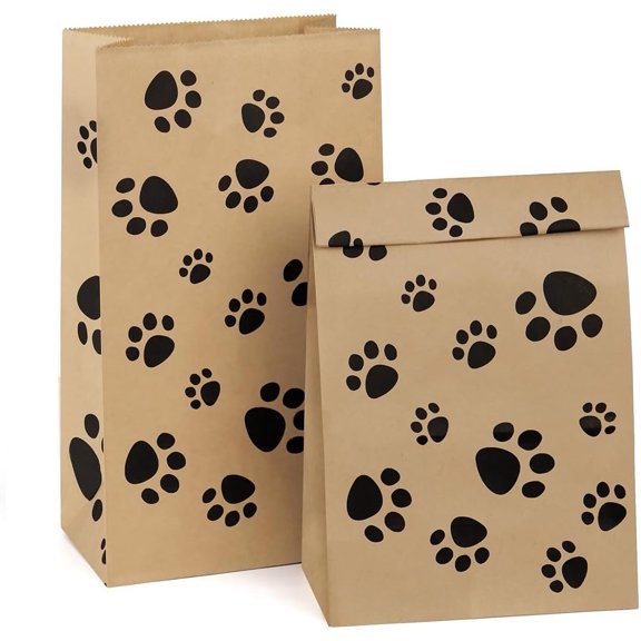Paper Lunch Bags 6LB 100Pcs Kraft Paper Bags Bulk, Paper Snack Bags, Dog's Paw Print Brown Kraft Lunch Bags Puppy Footprints 6x3.54x11 Inches