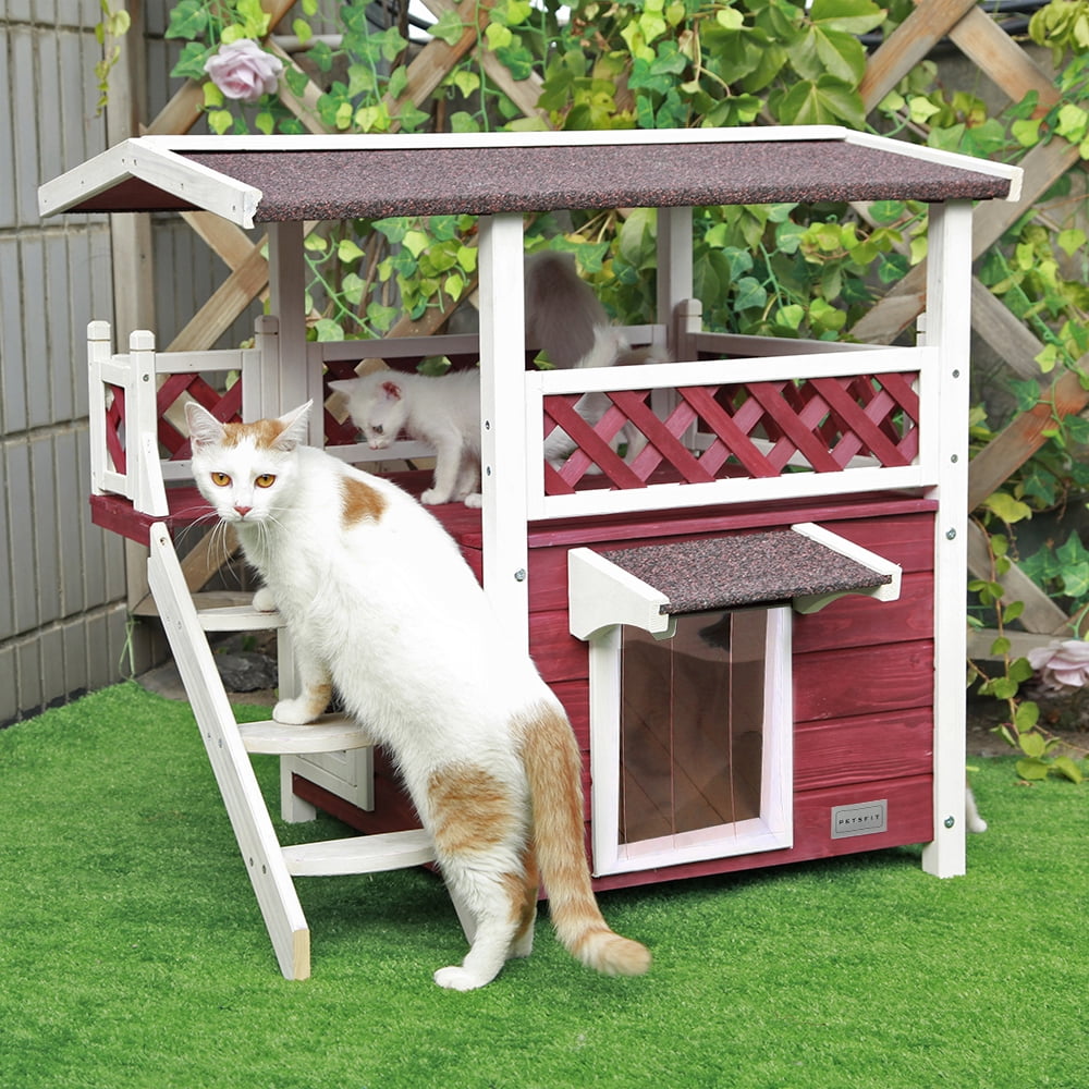 Petsfit Outdoor Cat House for Feral Cats Weatherproof, 2 Story Wooden Kitten Condo with Escape Door Red