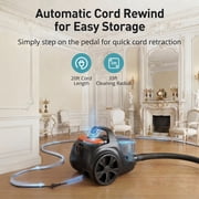 Canister Vacuum Cleaner, 30Kpa Powerful Suction, Bagless with 3.7QT Large Dust Cup, Auto Cord Rewind, HEPA Filter, 5 Attachments, Lightweight Vacuum for Pet Hair, Hard Floors & Car