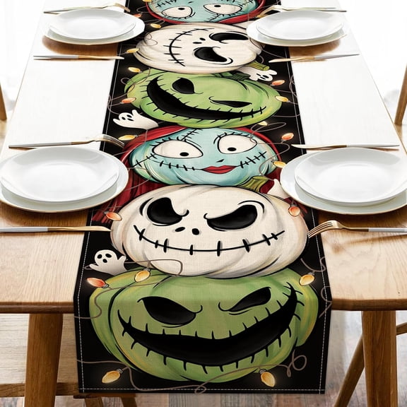 Halloween Jack O Lantern Pumpkin Table Runner, Jack Green Monster Sally Ghost Kitchen Dining Table Decoration, Funny Holiday Indoor Outdoor Home Decor Party Supply 13 x 72 Inch