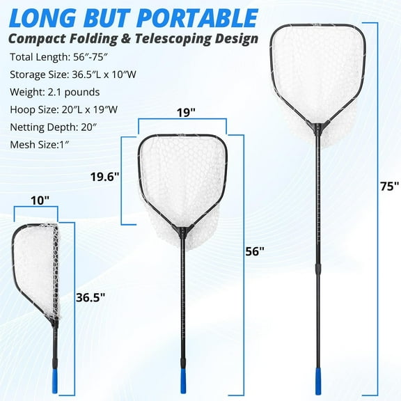 Long Fishing Net with Telescoping Handle, Rubber Netting, Lightweight & Strong, 56-75" Length, 20" x 19" Hoop Size, 25 lbs Capacity