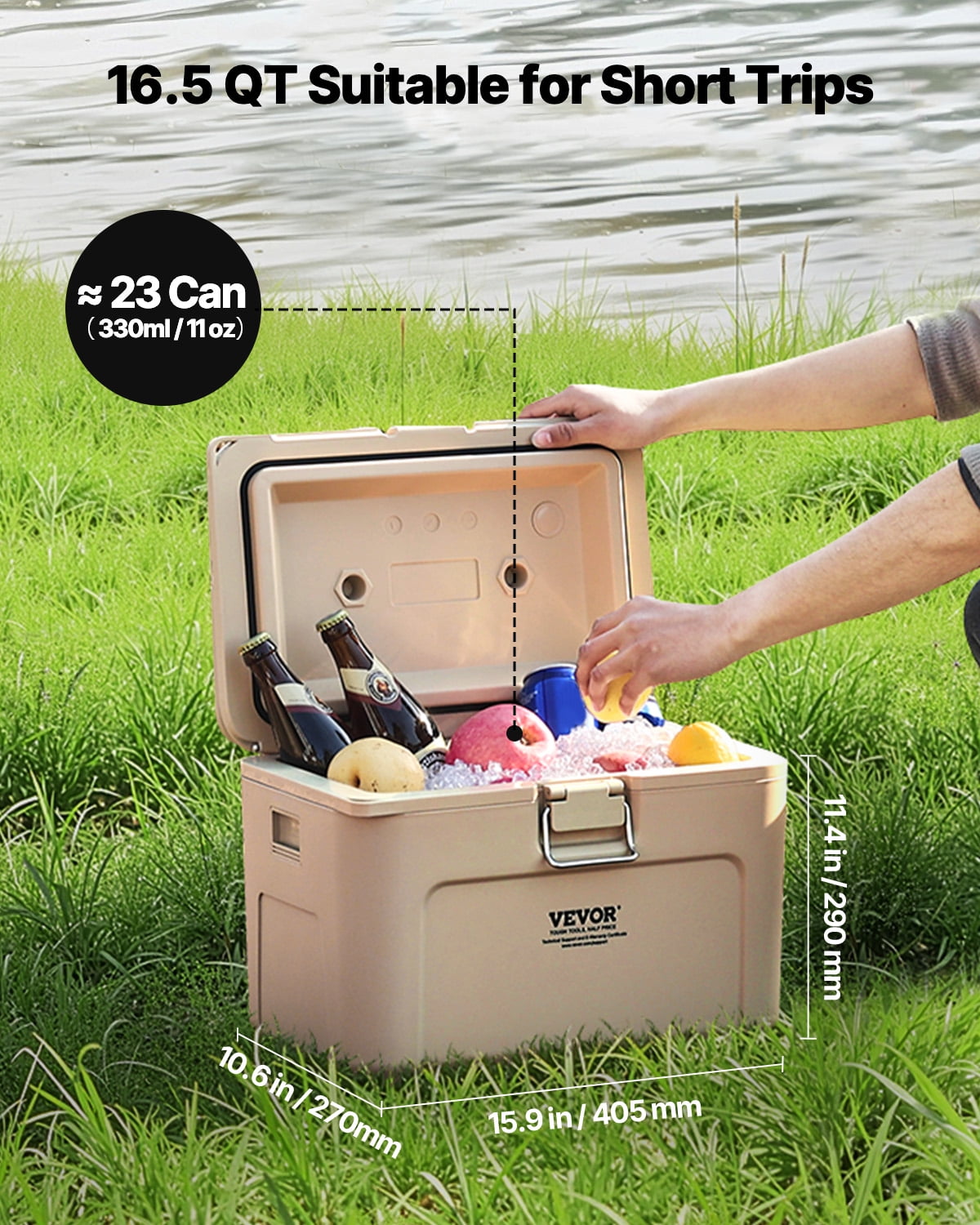 VEVOR Portable Cooler, 16.5 QT Hard Cooler with Ice Retention, Heavy-Duty Handles and Cup Holder, Lightweight Rigid Material Insulated Portable Cooler, Suitable for Family Picnics and Short Trips