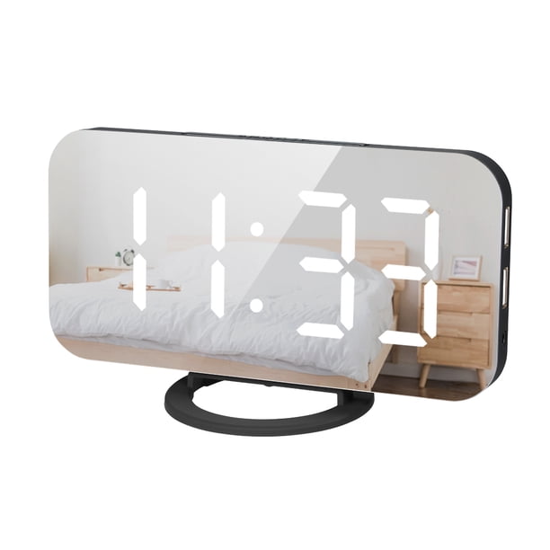 Reloj despertador digital LED con función de repetición, superficie espejada elegante y fuentes grandes blancas para fácil lectura. Ligero y portátil, ideal para uso en hogar, dormitorio, sala de