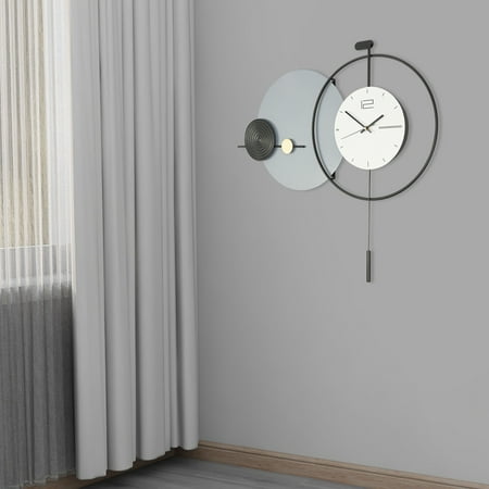 31.2in Round Iron Wall Clock with Pendulum Bob – Pre-drilled Holes, Quartz Movement for Living Rooms & Offices Black+Gray