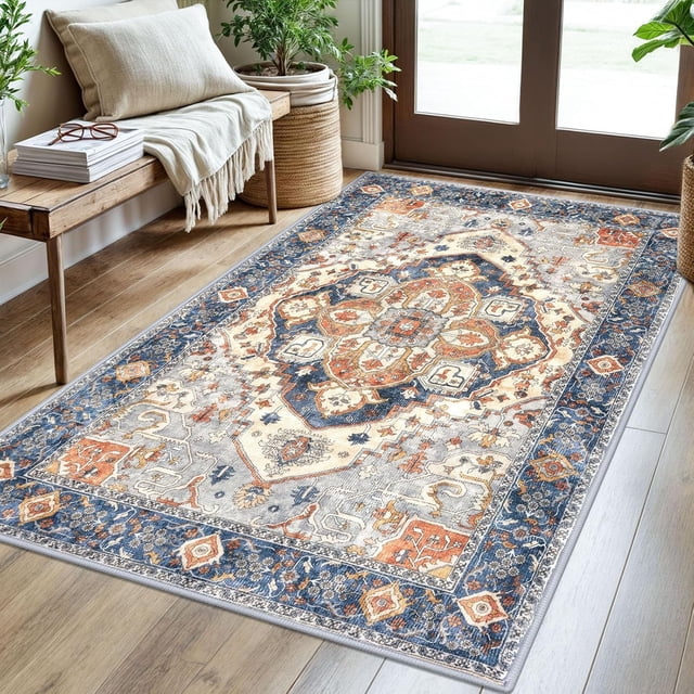 Siiloom 3x5 Ivory Blue Washable Rug for Living Room, Soft Boho Rug with Non-Slip, Low-Pile Vintage Floor Area Rugs for Entryway Nursery Bedroom Dining, Dorm Carpet with Non-Shedding