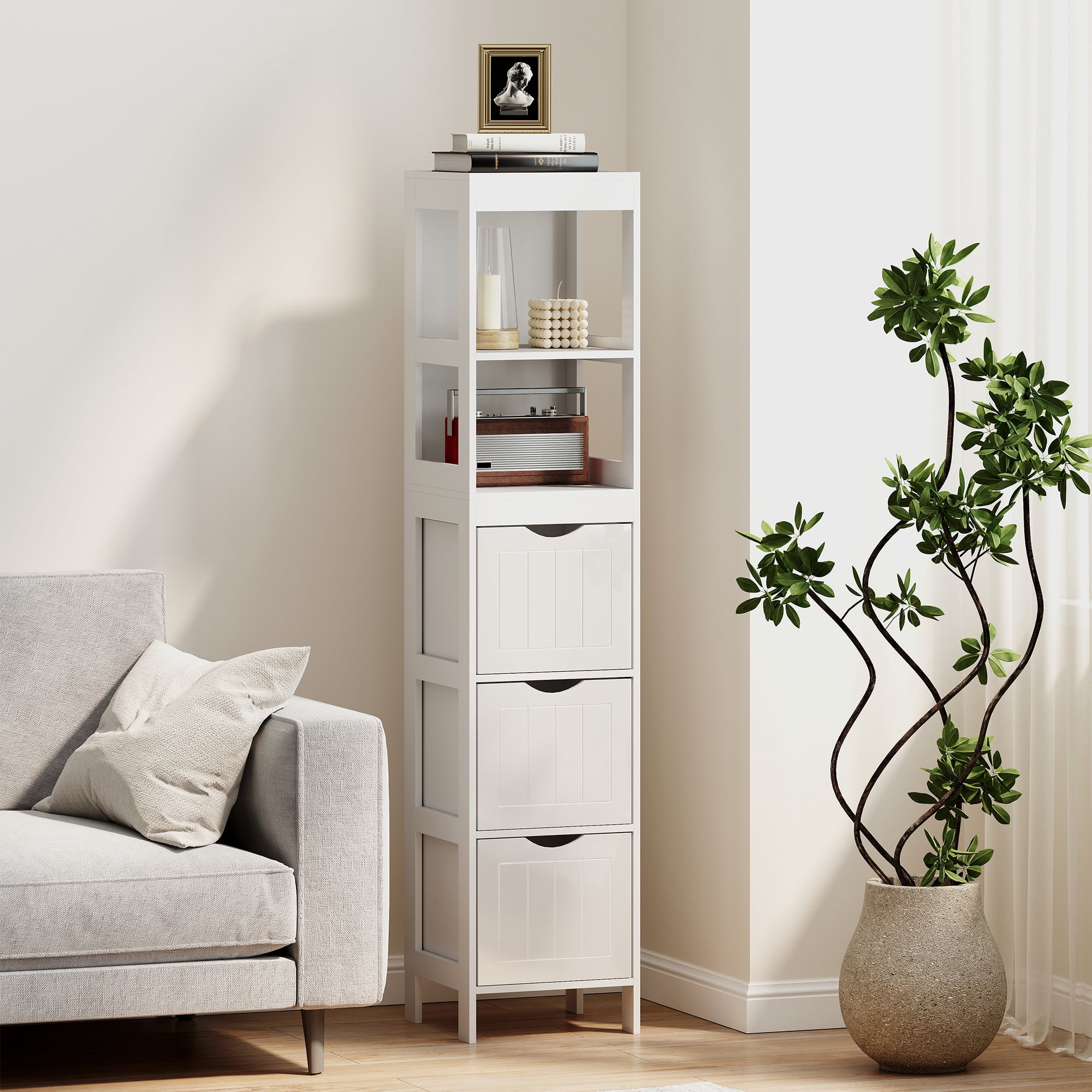 HOMCOM Narrow Bathroom Storage Cabinet, Bathroom Cabinet with 3 Drawers & 2 Open Shelves, Freestanding Slim Bathroom Floor Cabinet, White