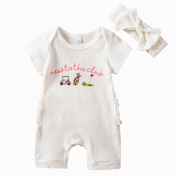 mgoYE Baby Girls Clothes New to the Club Embroidery Romper Bow Waffle Knit Ruffled Newborn Infant Summer Outfit with Headband(White,0-3 Months)