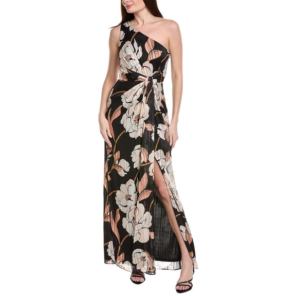 Adrianna Papell womens  One-Shoulder Floral Ribbon Stripe Gown, 0, Black