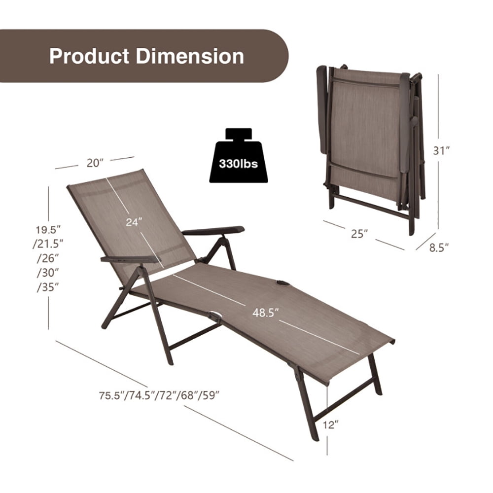 Aimee Lii 2 Pieces Foldable Chaise Lounge Chair with 2-Position Footrest, Patio Loungers, Brown