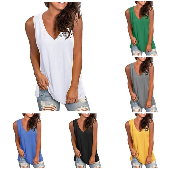 HUITKMM Womens V Neck Tank Tops Hi Low Hem Sleeveless Solid Color Casual Tee Size L