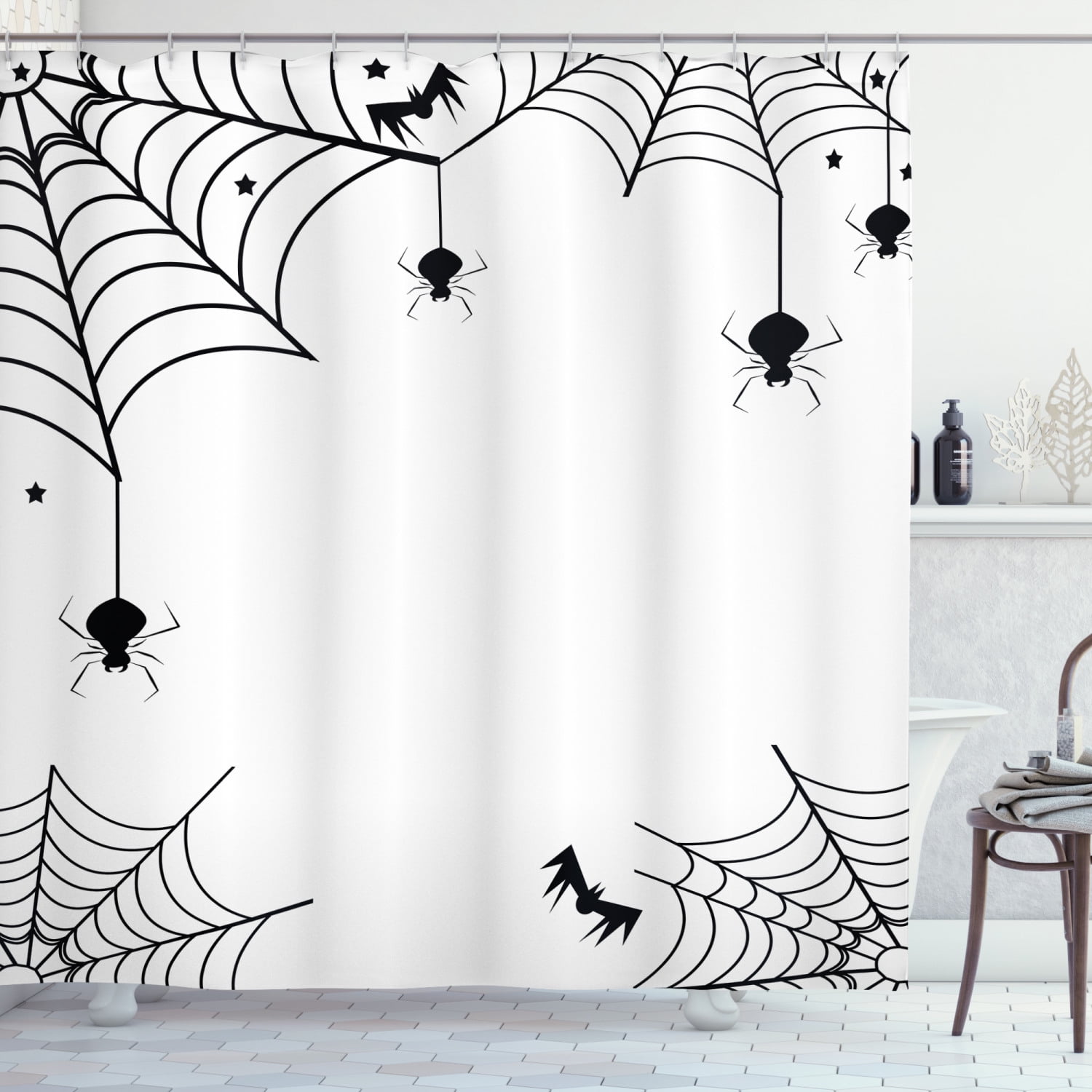 Spider Web Shower Curtain, Spiders Bats and Little Stars Monochrome
