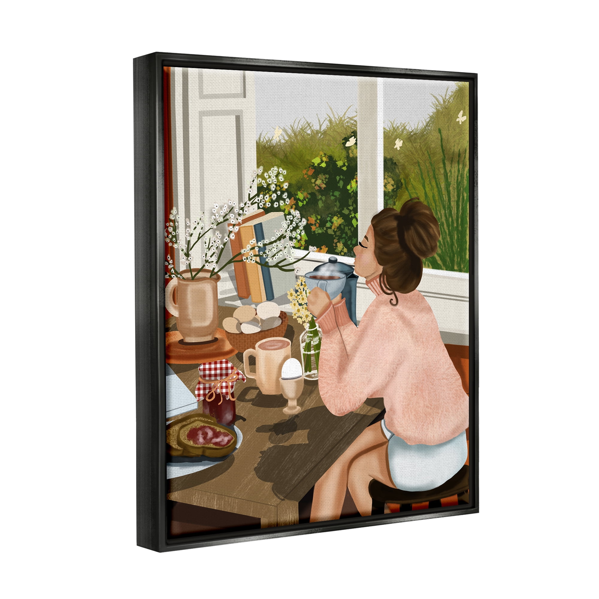 Stupell Industries Girl with Cozy Breakfast Food & Beverage Painting Black Floater Framed Canvas Art Print Wall Art, 17 x 21