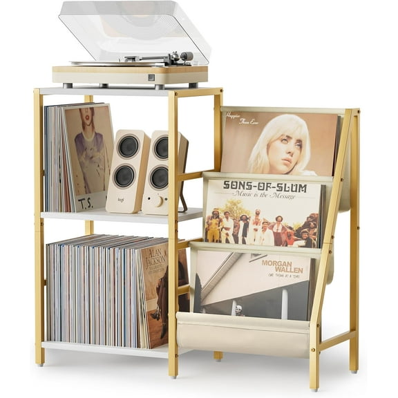 Record Player Stand, Turntable Stand with 3-Tier Vinyl Record Storage, Record Player Table 200 Albums, End Table with Vinyl Display Holder Shelf, Record Player Cabinet Media Console for Stereo,Gold