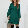 thumbnail image 2 of Lilgiuy Women Casual Solid Loose Straps Ruffled Hem Long Sleeve V-Neck Dress Green Fall Dresses for 2022 Spring Winter, 2 of 5