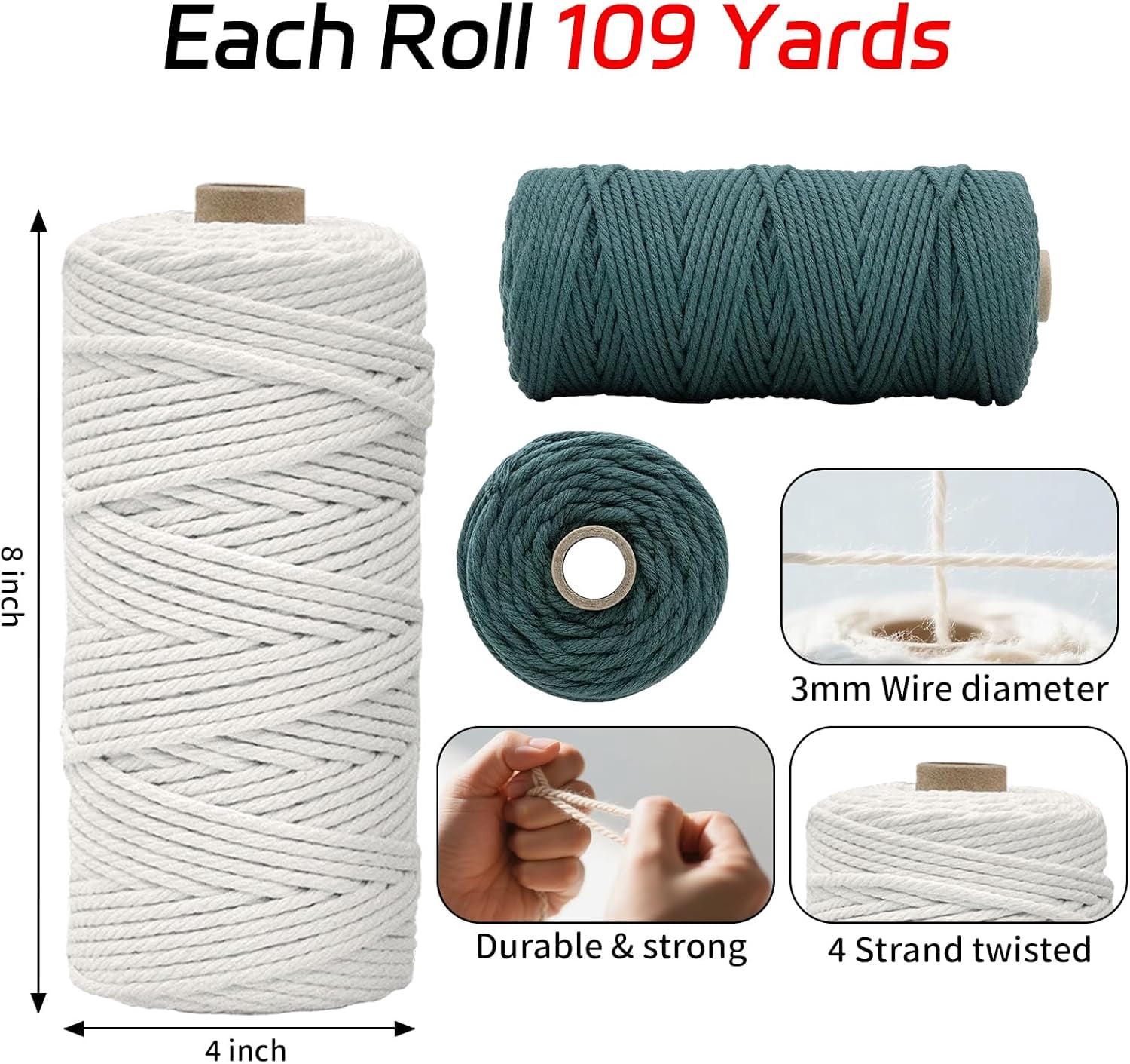 12 Rolls Natural Macrame Cord 3 mm x 1308 Yards,Natural Cotton Twine,Colored String,Cotton Rope for DIY Crafts Knitting,Plant Hangers,Decor (Classic Color Yards) Classic Yards -