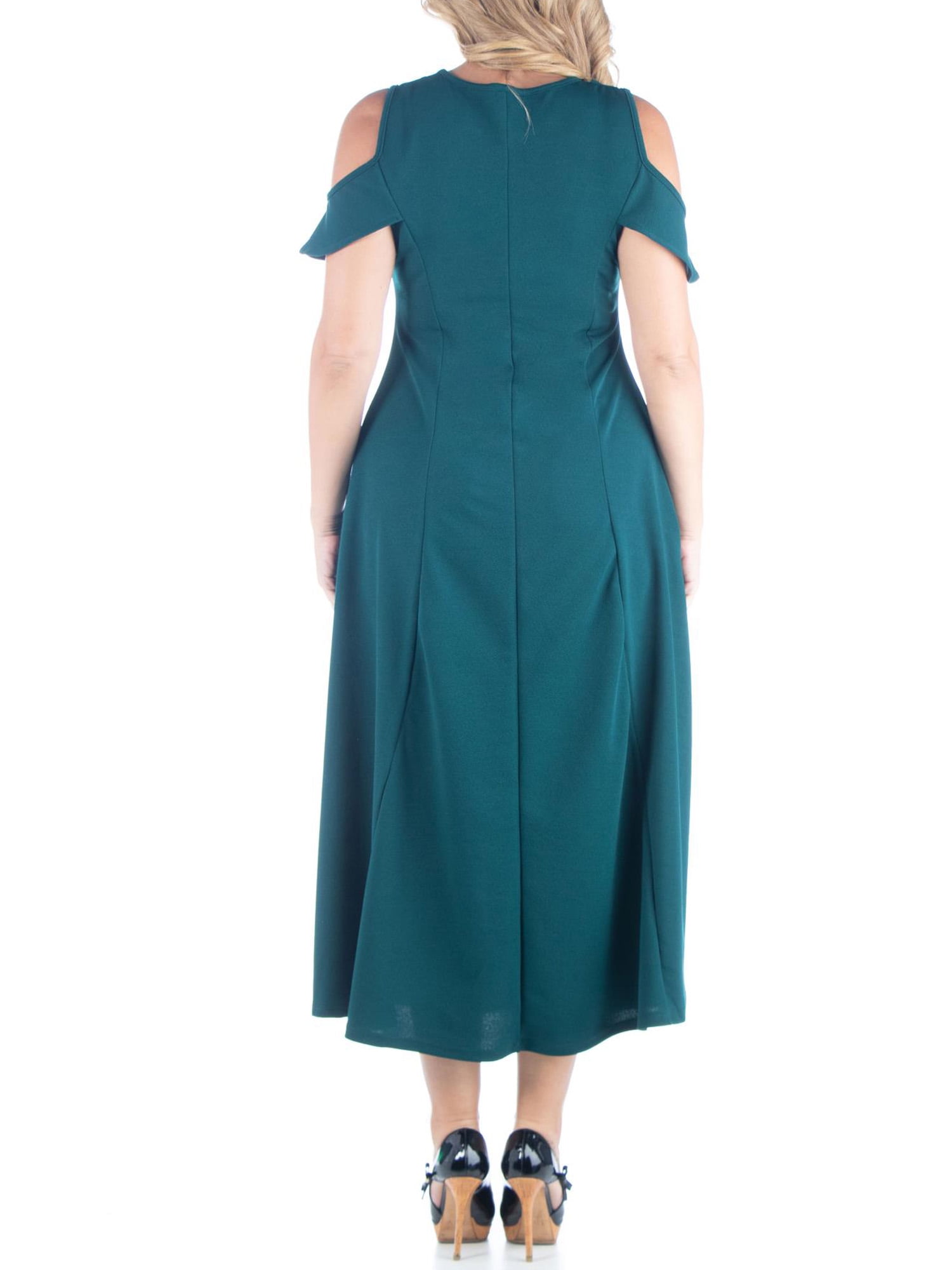 24seven Comfort Apparel Plus Size Ruffle Cold Shoulder A Line Maxi Dress