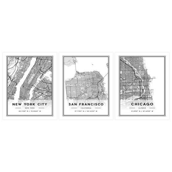 DesignOvation City Maps Unframed Art Prints 8” x 10” Set of 3 by Jake Goossen