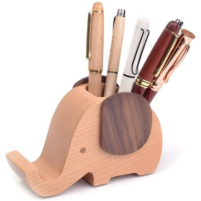 Artinova Elephant Wooden Pen Cup Pen Holder para decoración de escritorio Organizador de escritorio con soporte para teléfono móvil ARTA-0057 Ormromra WMZL-951