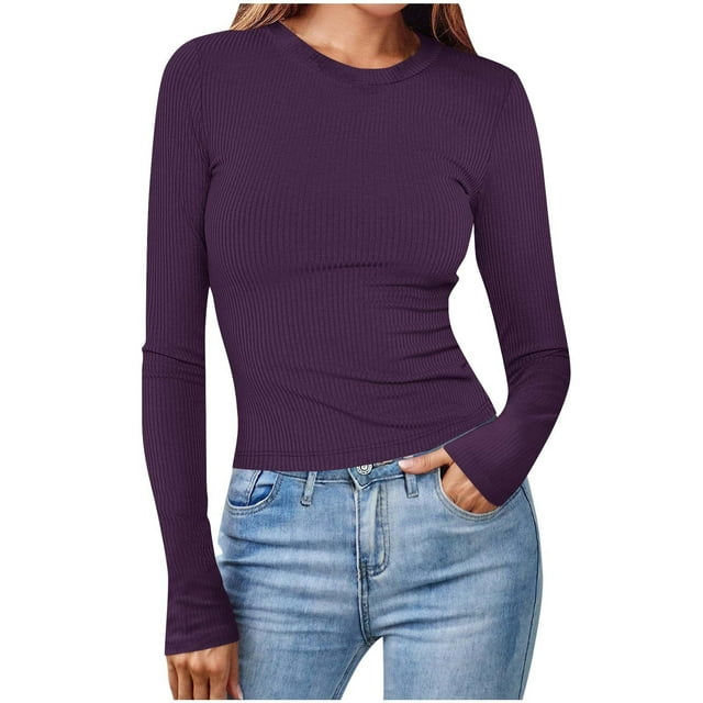Dagugfen Chandails pour Femmes Manches Longues Col Rond Côtelé Ajusté Tricoté Couche de Base Confortable Hauts Thermiques Décontractés