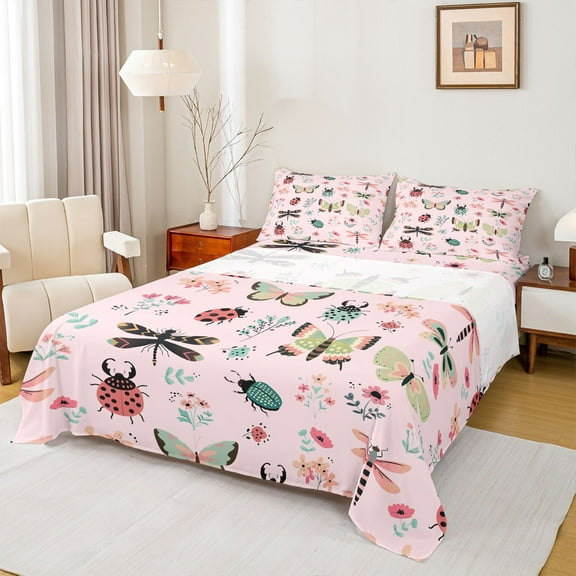 Homewish Cartoon Butterfly Ladybug Twin Sheet Sets, Cute Animal Insect Twin Fitted Sheet, Princess Pink Cartoon Flat Sheet, Super Cozy Room Decor, 3 Pieces