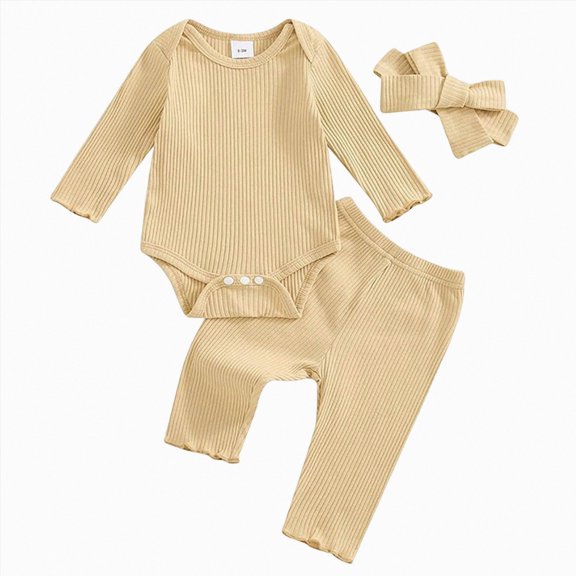 Enyan Baby Girl Clothes Spring Fall Outfit Solid Color Long Sleeve Ribbed Bodysuit Romper Pants Set Infant Outfit(Size 3-6 Months)