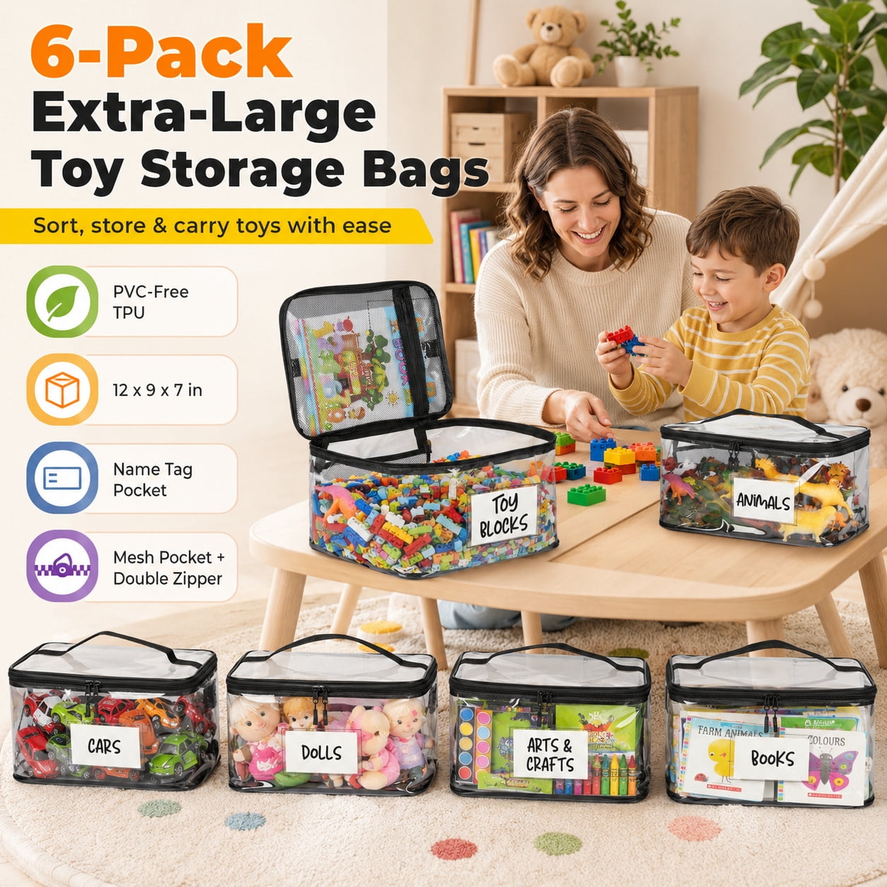 HBK 6 Pack Clear Toy Storage Bags with Handles, Zippered Organizer Bins for Puzzles Board Games Legos, Playroom Storage Containers with Label