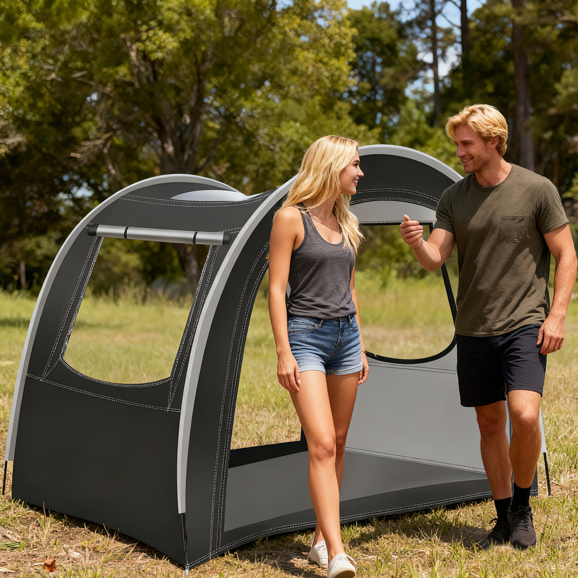 Tunnel-style camping tent, 3-4 person extra spacious, mesh breathable / PVC waterproof / Oxford fabric wear-resistant material, top skylight design, portable lightweight and easy to install