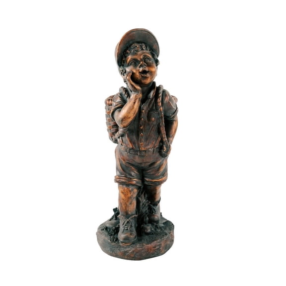 Xbrand 24" H Faux Bronze Magnesium Oxide Walking Boy Garden Statue w/Small Flower Plant Pot, Outdoor Décor, Natural Design Sculpture