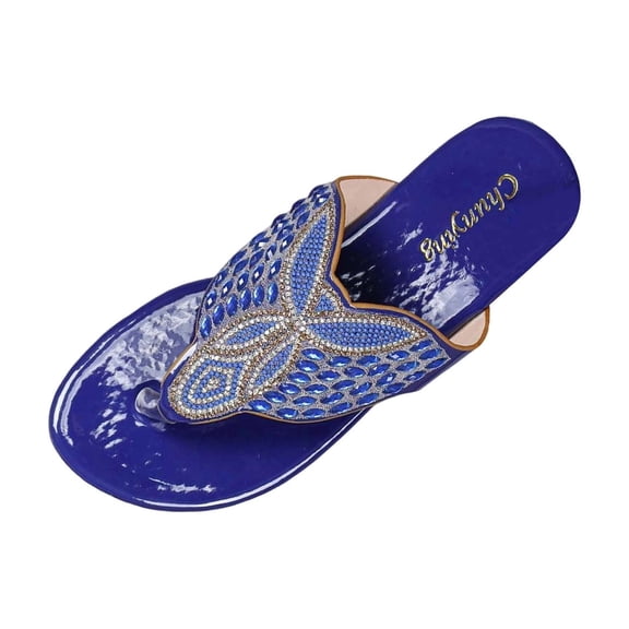 HomeDM Womens Flip Flops Rhinestone Open Toe Flat Thong Sandals Comfortable Lightweight Summer Vacation Beach Sandals, Blue Size 8.5