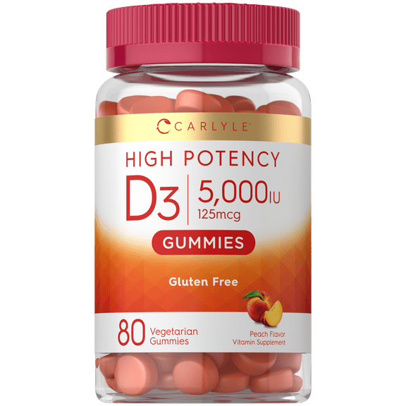 Vitamin D3 | 5000 IU (125 mcg) | 80 Gummies | High Potency for Adults | Peach Flavor | by Carlyle