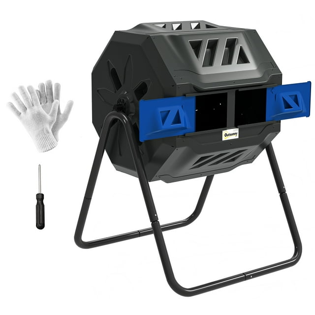 Outsunny Outdoor Dual Chamber 360° Rotating Composter 43 Gallon Blue