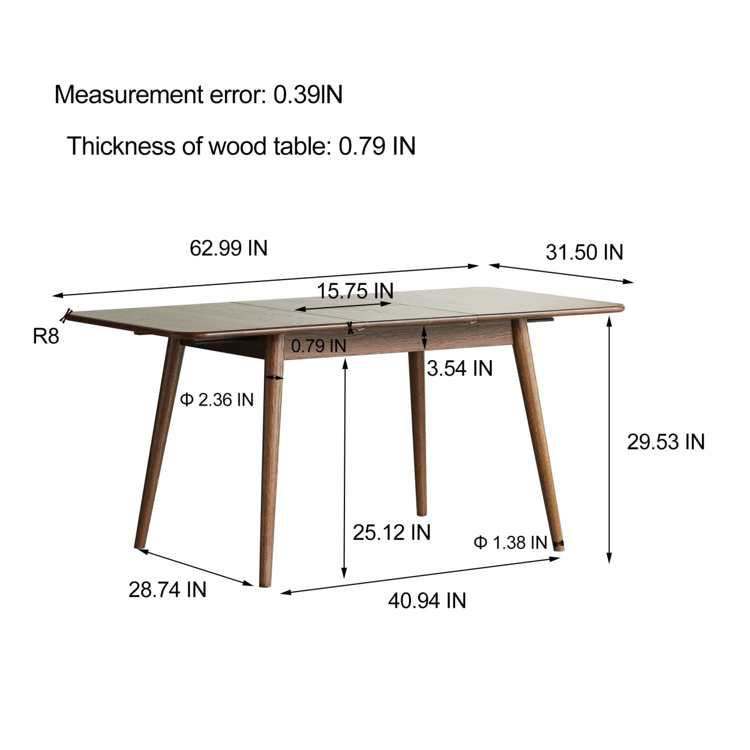 Asteroutdoor Walnut Solid Oak Extendable Dining Table for 6-8 People, 63 in