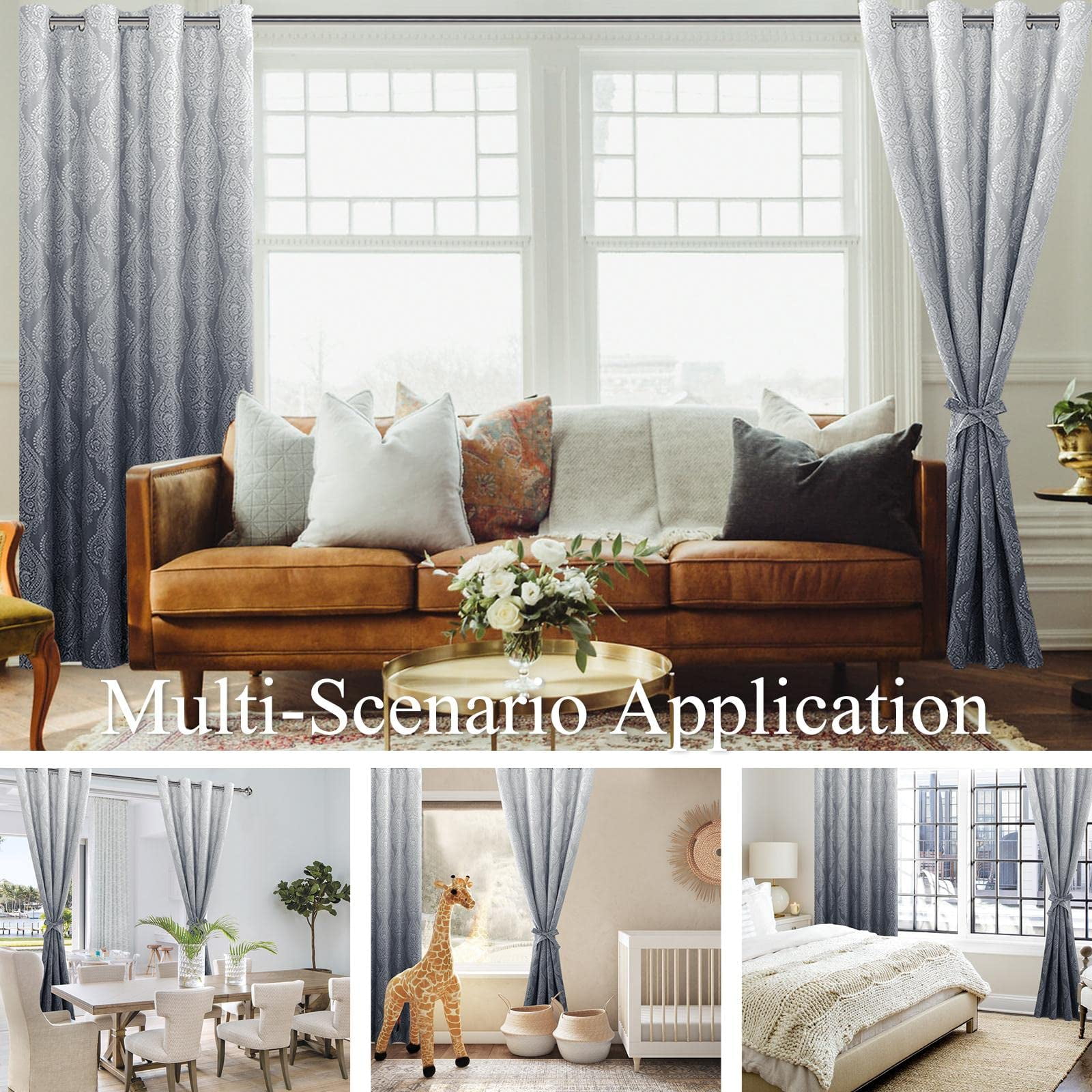 DWCN Ombre Blackout Curtains–Damask Patterned Thermal Insulated Noise Reducing Grommet Curtains for Bedroom Living Room, 52 x 84 Inches, Set of 2 Panels with Tiebacks, Grey