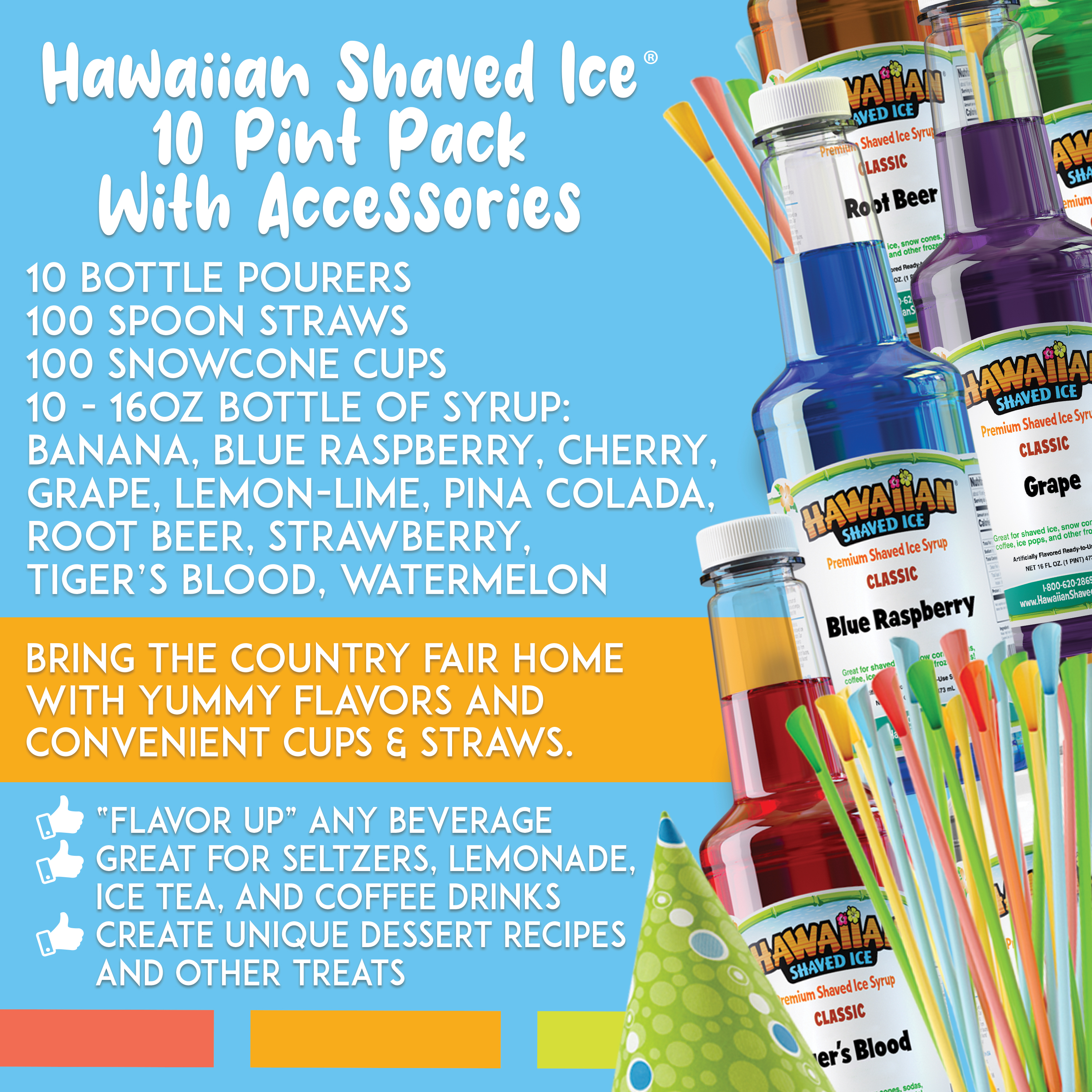 Hawaiian Shaved Ice 10-Flavor Snow Cone Syrup Pack with Accessories 