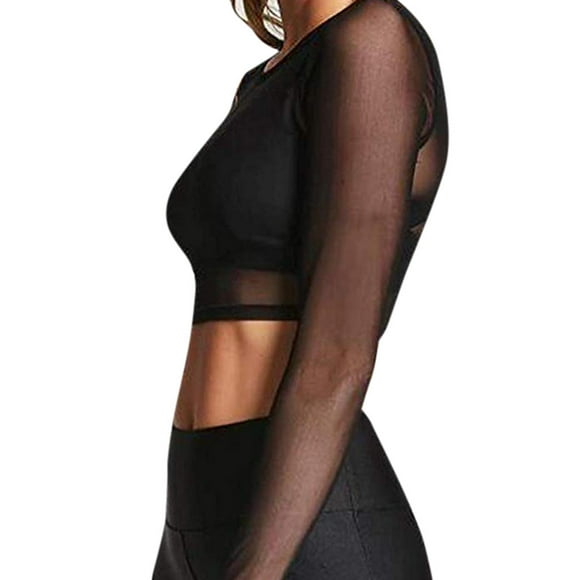JFHHQ Sheer Mesh Long Sleeve Crop top Blouse Tee For Women tops XL Black