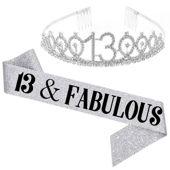 TY"13 and Fabulous" Sash & Rhinestone Tiara Set - 13th Birthday Sash 1 Birthday Gifts Party Favors ,silver