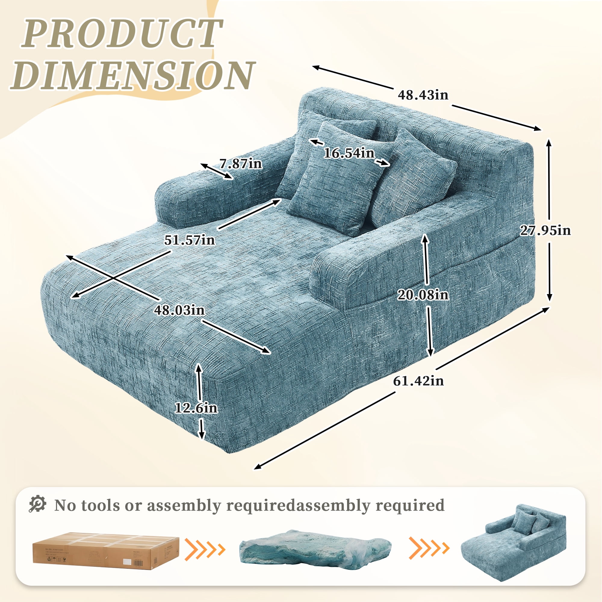 MOONMISS Oversized Chaise Lounge Chair Indoor Furniture, No Assembly Required, Plush Chenille Cloud Floor Sofa Bed for Living Room,Mint Green