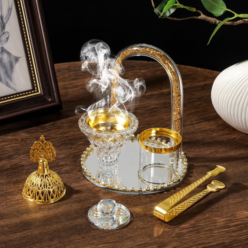 Decorative Metal Glass Incenses Holder with Tray Tongs and Jar Set Holiday Gift