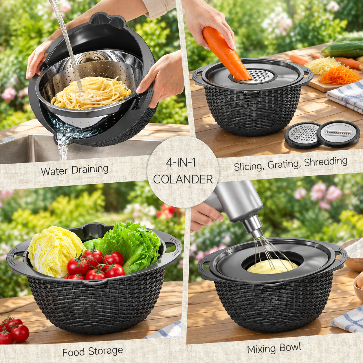 4-in-1 Black Colander With Bowl Set - Pasta Strainer Rice Fruit Veggie ...