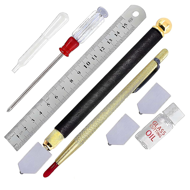 Glass Cutting Kit with Ruler, Oil Bottle, Scoring Tools, 3-14mm,Glass Cutting Tool Wite Carbide Tip Scriber,Steel Ruler