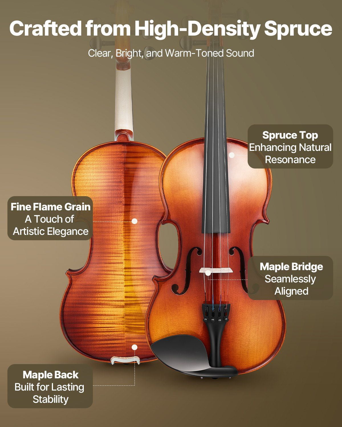 Violin 4/4 Size Fiddle Set for Beginners, Fully Handcrafted Solid Wood with Glossy Brown Tiger Stripe Pattern, Includes Case, Bow, Shoulder Rest, Tuner, Rosin, Spare Strings, Sticker, and Polishing