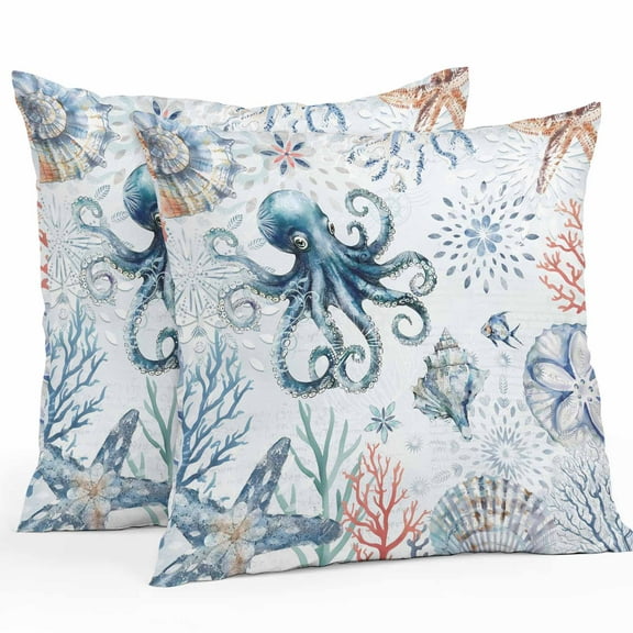 Summer Ocean Octopus Outdoor Waterproof Pillow Covers 24x24 Pack of 2 Coral Shell Retro Blue Decorative Outdoor Pillow Covers Square Cushion Cases for Patio Furniture Pergola Couch