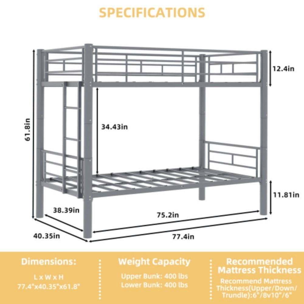 Twin Metal Bunk Bed, Convertible & Detachable into 2 Twin Beds, Heavy-Duty Iron Frame, 400 lbs Capacity, Guardrails & Ladder, Silver