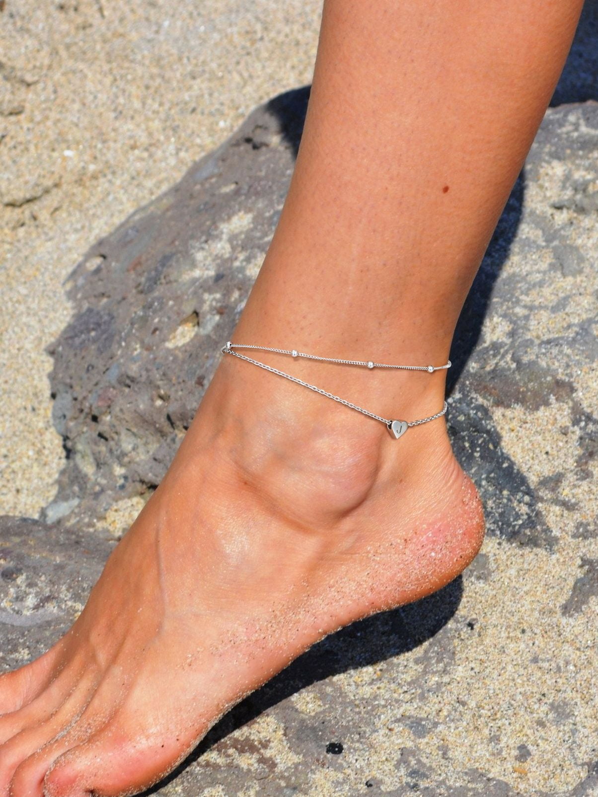 Silvora 925 Sterling Silver Double Layer Anklets for Women Initial Charm Letter Ankle Bracelet Waterproof Birthday Christmas Valentines Jewelry Gift