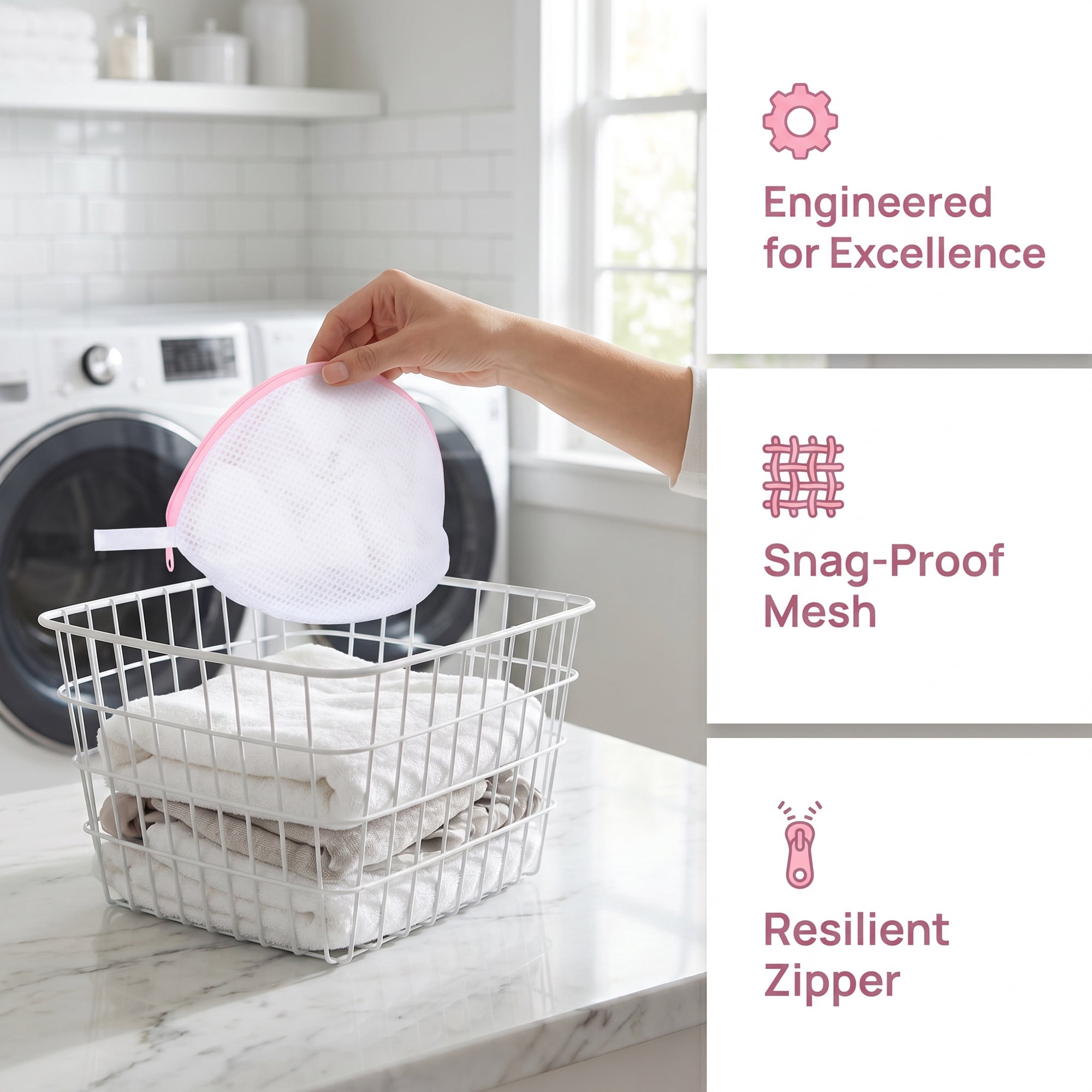 Unique Bargains 3Pcs Durable Mesh Zipper Closure Laundry Bags White-Pink 7.5" x 6.7"