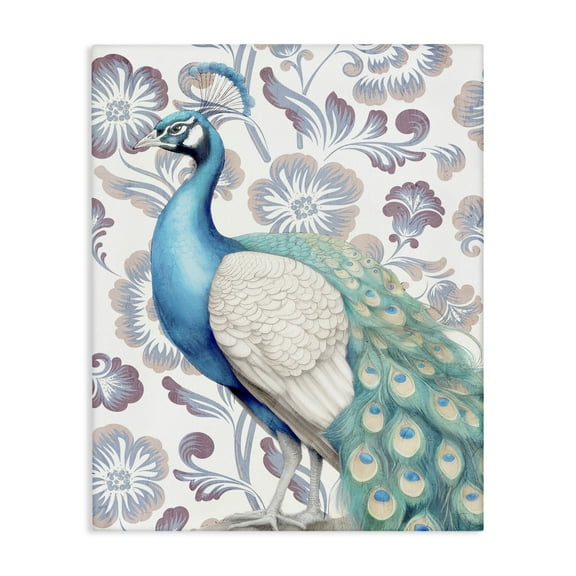 Stupell Industries Peacock on Floral Pattern Animals Painting Wrapped Canvas Art Print Wall Art, 16 x 20