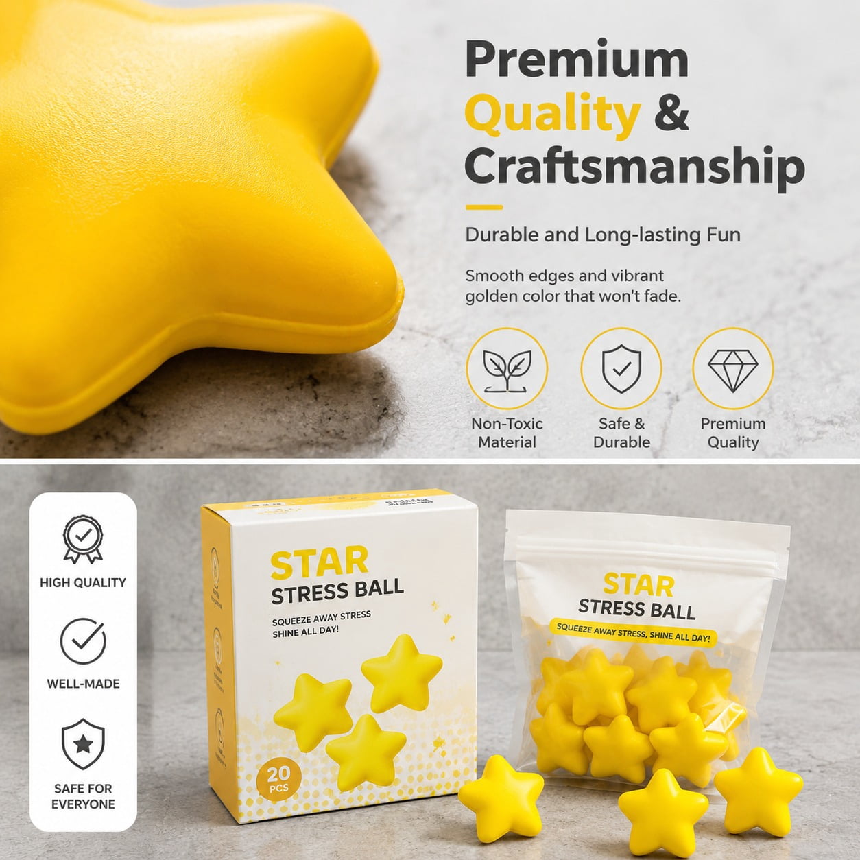 MODANU 30 Pcs Star Stress Ball Stress Relief Balls Mini Foam Stress Ball for School Carnival Reward, Student Prizes, Party Bag Fillers, Yellow