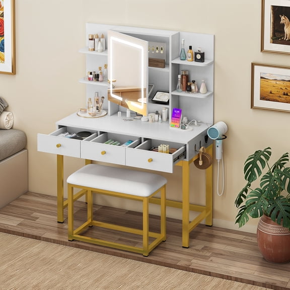 Dextrus Vanity Desk Set with Light Mirror & Power Outlet, Makeup Table with 3 Drawers, Adjustable Cabinet/Makeup Vanity Stool for Women, Girls - White